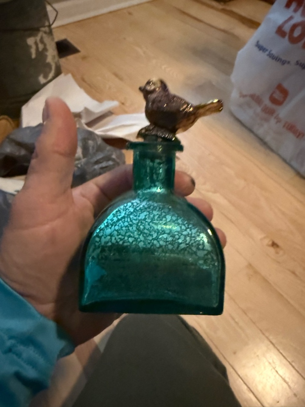 Teal Glass Bird-Top Decorative Bottle